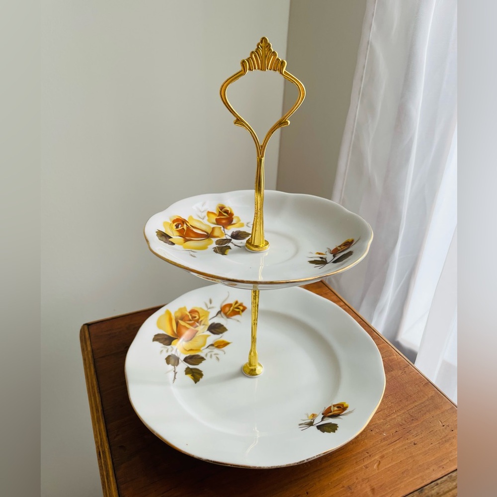 Vintage Two-Tier Porcelain Serving Stand with Yellow Rose Design